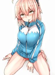 Rule 34 | 1girl, ahoge, arm support, bare legs, blonde hair, blush, bow, breasts, breasts squeezed together, buruma, fate (series), food, food in mouth, full body, gym uniform, hair bow, half updo, jacket, koha-ace, large breasts, looking at viewer, okita souji (fate), okita souji (koha-ace), pocky, ponytail, red buruma, sabujiroko, shinsengumi, short hair, sitting, solo, sweatdrop, track jacket, wariza, yellow eyes, zipper