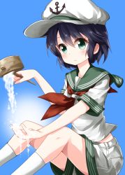 Rule 34 | 1girl, anchor symbol, black hair, blue background, blush, breasts, commentary request, feet out of frame, flat cap, green eyes, green sailor collar, hair between eyes, hat, highres, hishaku, holding, kneehighs, looking at viewer, medium breasts, midriff peek, murasa minamitsu, neckerchief, red neckerchief, ruu (tksymkw), sailor collar, sailor hat, sailor shirt, shirt, short hair, short shorts, short sleeves, shorts, simple background, sitting, skindentation, socks, solo, thighs, touhou, water, white hat, white shirt, white shorts, white socks