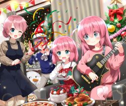 Rule 34 | 1boy, 3girls, apron, black apron, blue eyes, blunt bangs, blush, bocchi the rock!, cake, christmas, christmas tree, cube hair ornament, dog, eyes visible through hair, family, father and daughter, food, glass, gotoh futari, gotoh hitori, gotoh michiyo, guitar, hair ornament, hat, highres, instrument, long hair, mature female, mother and daughter, multiple girls, one eye closed, open mouth, pink hair, ruu (tksymkw), santa hat, short hair, siblings, side ahoge, sisters, smile, snowing, snowman