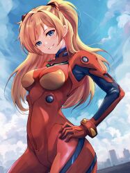 Rule 34 | 1girl, absurdres, artist request, blue eyes, blue sky, blush, bodysuit, breasts, brown hair, curvy, female focus, hand on own hip, highres, interface headset, large breasts, light blush, lips, long hair, neon genesis evangelion, plugsuit, red bodysuit, shiny clothes, simple background, skin tight, sky, smile, smug, souryuu asuka langley, standing, two side up, very long hair, wide hips