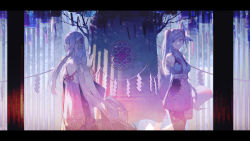 Rule 34 | 2girls, bare shoulders, bell, blue hair, butterfly hair ornament, cangqiong, commentary, detached sleeves, dress, floral print, hair ornament, hand up, highres, japanese clothes, kieed, letterboxed, long hair, looking at viewer, multiple girls, purple hair, quad tails, rope, shide, shimenawa, side ponytail, standing, very long hair, vocaloid, wide shot, wide sleeves, xingchen