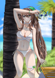 Rule 34 | 1girl, absurdres, ai the somnium files: nirvana initiative, arm over head, arm up, bao-bao-jun, beach, bikini, blue sky, blurry, blurry background, breasts, brown hair, character request, check commentary, choker, cleavage, cloud, collarbone, commentary, commentary request, day, eyelashes, unworn eyewear, fantasy, fingernails, green nails, hair between eyes, hair ornament, hair scrunchie, highres, holding, holding removed eyewear, hot, jewelry, long bangs, long hair, looking at viewer, medium breasts, navel, necklace, ocean, outdoors, palm tree, scrunchie, shadow, sidelocks, sky, stomach, sunglasses, sweat, swimsuit, tree, very long hair, virtual youtuber, white bikini, yellow eyes