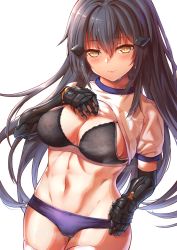 Rule 34 | 1girl, absurdres, black bra, black hair, bloomers, blouse, blue bloomers, bra, breasts, clothes lift, dandelion (girls&#039; frontline), girls&#039; frontline, gym shirt, highres, large breasts, lifting own clothes, long hair, mechanical arms, navel, shirt, shirt lift, short sleeves, solo, thighhighs, underwear, very long hair, white shirt, white thighhighs, xlscaler, yellow eyes