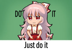 Rule 34 | 1girl, bow, chibi, collared shirt, commentary request, english text, fujiwara no mokou, green background, hair bow, hands on thighs, jitome, jokanhiyou, just do it (meme), long hair, looking at viewer, meme, pants, puffy short sleeves, puffy sleeves, red eyes, shia labeouf, shirt, short sleeves, solo, suspenders, text focus, touhou, very long hair, white hair