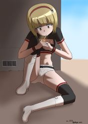 Rule 34 | 1girl, absurdres, black shirt, black thighhighs, blonde hair, blush, boots, breasts, brown eyes, cigarette, cutlass (girls und panzer), drops mint, girls und panzer, highres, midriff, navel, shirt, short hair, shorts, sitting, small breasts, smoking, solo, thighhighs, white footwear, white shorts