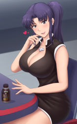 Rule 34 | 1girl, absurdres, blush, breasts, brown eyes, cleavage, cross, cross necklace, dress, flirting, highres, jewelry, katsuragi misato, large breasts, legs, long hair, looking at viewer, necklace, neon genesis evangelion, one-piece dress, open mouth, ponytail, purple hair, sitting, smile, solo, thighs, zask