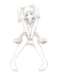 Rule 34 | 1girl, :p, barefoot, female focus, looking at viewer, monochrome, original, short hair, sitting, sketch, skirt, solo, tongue, tongue out, traditional media, twintails, yoshitomi akihito