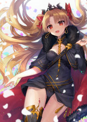 Rule 34 | 1girl, :d, armor, bad id, bad pixiv id, between breasts, black cloak, black dress, black leotard, black nails, blonde hair, blurry, breasts, cloak, collarbone, commentary request, coyucom, depth of field, dress, earrings, ereshkigal (fate), fate/grand order, fate (series), floating hair, fur-trimmed cloak, fur trim, gold trim, greaves, hair ribbon, hand up, high collar, highres, hoop earrings, jewelry, leotard, light particles, long hair, looking at viewer, medium breasts, nail polish, open mouth, parted bangs, petals, red cloak, red eyes, red ribbon, ribbon, short dress, single greave, single sleeve, skull, smile, solo, thigh gap, tiara, tohsaka rin, two-sided cloak, two-sided fabric, two side up, very long hair, white background