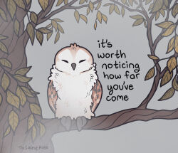 Rule 34 | animal, animal focus, bird, closed eyes, english text, grey background, in tree, leaf, no humans, original, owl, signature, sitting, sitting in tree, thelatestkate, tree