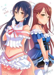 Rule 34 | 2girls, bad id, bad twitter id, blue dress, blue hair, blush, character name, choker, closed mouth, cosplay, costume switch, cowboy shot, dress, earrings, frills, gloves, hair between eyes, hair ornament, in-franchise crossover, jewelry, long hair, looking at viewer, love live!, love live! school idol festival, love live! school idol project, love live! sunshine!!, multiple girls, navel, red hair, ribbon, sakurauchi riko, simple background, smile, sonoda umi, text focus, thighhighs, white dress, white gloves, white legwear, yellow eyes, yumari nakura