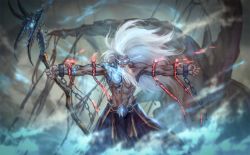 Rule 34 | 1boy, azmodan, beard, chain, cuffs, dark-skinned male, dark skin, facial hair, fire, floating hair, handcuffs, holding, holding staff, long hair, looking at viewer, male focus, original, outstretched arms, silver hair, solo, staff, very long hair