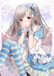 Rule 34 | 1girl, alice (alice in wonderland), blush, booota, card, dress, flower, frilled cuffs, grey hair, hair ribbon, hands on own face, hugging own legs, idolmaster, idolmaster shiny colors, knees together feet apart, layered dress, long hair, looking at viewer, multicolored clothes, multicolored dress, parted lips, puffy sleeves, purple eyes, ribbon, rose, sidelocks, solo, striped clothes, striped thighhighs, thighhighs, twintails, yukoku kiriko