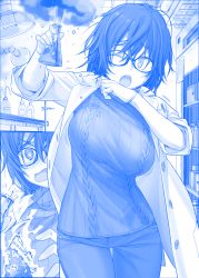 Rule 34 | 1girl, ;o, @ @, acid, animal print, aran sweater, beaker, bear, bear print, blue theme, bra, breasts, burning clothes, cable knit, character request, chemicals, chemistry, chemistry set, comic, denim, dissolving clothes, explosion, fire, getsuyoubi no tawawa, glasses, gloves, hair between eyes, himura kiseki, jeans, lab coat, laboratory, large breasts, latex, latex gloves, messy hair, monochrome, multiple views, one eye closed, open mouth, pants, patterned clothing, pen, print bra, ribbed sweater, rubber gloves, silent comic, sleeveless, sleeveless turtleneck, smoke, sweat, sweater, turtleneck, turtleneck sweater, underwear, wardrobe error