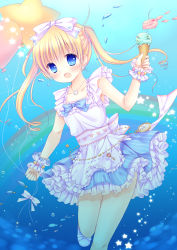 Rule 34 | 1girl, blonde hair, blue eyes, collarbone, dress, eyebrows, fang, fish, food, frilled skirt, frills, hair ribbon, holding, ice cream, jewelry, long hair, mizuse ruka, necklace, open mouth, original, ribbon, skirt, solo, twintails, underwater, white dress, white ribbon