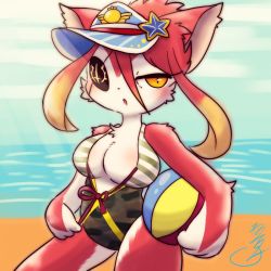 Rule 34 | 1girl, artist request, ball, beach, beachball, breasts, brown eyes, cat, cat busters, cleavage, furry, furry female, hinozuki (cat busters), looking at viewer, outdoors, red hair, solo, swimsuit, untying