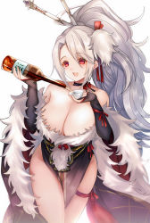 Rule 34 | 1girl, :d, azur lane, bad id, bad pixiv id, bare shoulders, black choker, black dress, black gloves, bottle, breasts, choker, cleavage, collarbone, commentary request, cup, dress, drink, elbow gloves, fingerless gloves, fur-trimmed dress, fur-trimmed sleeves, fur trim, gloves, hair between eyes, hair ornament, hair stick, high ponytail, highres, holding, holding bottle, holding cup, large breasts, long hair, long sleeves, looking at viewer, mole, mole under eye, open mouth, pelvic curtain, pouring, prinz heinrich (azur lane), prinz heinrich (fireworks and tapestries) (azur lane), red eyes, revision, shibaebi (yasaip game), silver hair, simple background, smile, solo, standing, strapless, strapless dress, thigh strap, thighs, white background, wide sleeves