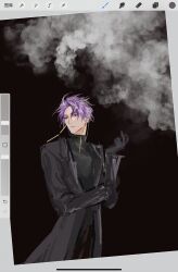 Rule 34 | 1boy, art program in frame, black gloves, black sweater, brown pants, chinese commentary, closed mouth, coat, code:dante, commentary request, cowboy shot, earrings, gloves, grey coat, highres, jewelry, long sleeves, male focus, open clothes, open coat, pants, purple hair, red eyes, saibou shinkyoku, short hair, sketch, smoke, solo, sweater, theodore riddle, turtleneck, turtleneck sweater