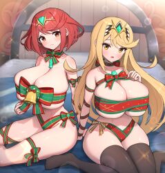 2girls absurdres alternate_costume bed bell black_thighhighs blonde_hair breasts bubble_background core_crystal_(xenoblade) gonzarez highres huge_breasts long_hair looking_at_viewer multiple_girls mythra_(xenoblade) naked_ribbon navel on_bed pyra_(xenoblade) red_eyes red_hair ribbon short_hair sitting sparkle_background thighhighs very_long_hair xenoblade_chronicles_(series) xenoblade_chronicles_2 yellow_eyes