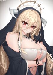 Rule 34 | 1girl, absurdres, arm under breasts, azur lane, bare shoulders, black gloves, blonde hair, breast cutout, breasts, cleavage, covered navel, fake horns, gloves, grey background, habit, hair between eyes, half gloves, hand on own chest, highres, horns, huge breasts, implacable (azur lane), long hair, long sleeves, looking at viewer, nun, red eyes, revealing clothes, simple background, smile, solo, ueyama 0clock, upper body, veil, very long hair, white horns, wide sleeves