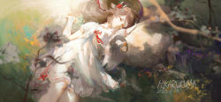 Rule 34 | 1girl, absurdres, animal, animal ears, arknights, arm up, brown hair, brown hat, closed eyes, dated, daylightallure, dress, eyjafjalla (arknights), feet out of frame, flower, goat, goat ears, goat horns, hair flower, hair ornament, hat, highres, horns, long hair, lying, on back, on grass, on ground, parted lips, red flower, red rose, rose, short sleeves, signature, sleeping, solo, unworn headwear, white dress, white flower