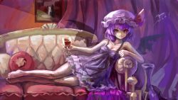 Rule 34 | 1girl, barefoot, bat wings, chemise, couch, cup, curtains, dated, drinking glass, female focus, hat, highres, looking at viewer, lying, myero, on side, painting (object), purple hair, red eyes, remilia scarlet, revision, short hair, signature, smile, solo, touhou, vase, wine glass, wings
