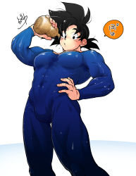 Rule 34 | 1boy, :o, bara, black hair, blue bodysuit, blush, bodysuit, bottle, covered abs, covered erect nipples, covered navel, dragon ball, dragonball z, hand on own hip, highres, holding, holding bottle, large pectorals, looking at viewer, male focus, muscular, muscular male, pectorals, saiyan, shipa, short hair, skin tight, solo, son goku, spiked hair, thick thighs, thighs, translation request, water bottle
