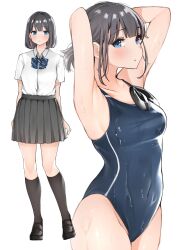 Rule 34 | 1girl, armpits, arms up, black footwear, black hair, black skirt, black socks, blue bow, blue bowtie, blue eyes, blue one-piece swimsuit, blush, bow, bowtie, breasts, collarbone, commentary request, competition swimsuit, covered navel, highres, kneehighs, large breasts, looking at viewer, multiple views, one-piece swimsuit, original, pleated skirt, ponytail, sakura no tomoru hi e, school uniform, shirt, shoes, short hair, short sleeves, simple background, skirt, socks, standing, swimsuit, uniform, wet, wet clothes, wet swimsuit, white background, white shirt