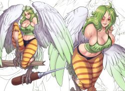 Rule 34 | 1girl, absurdres, bare shoulders, bird legs, bird tail, blush, breasts, clothes writing, coke-bottle glasses, commentary, crop top, english commentary, eyewear on head, feather coat, feathered wings, feathers, glasses, gradient wings, green feathers, green hair, green tank top, green wings, harpy, highres, holding, holding with feet, ice pick, insouwu, large breasts, long hair, looking at viewer, midriff, monet (one piece), monster girl, multicolored wings, multiple views, navel, nipple slip, nipples, one piece, open mouth, oversized object, pantyhose, round eyewear, solo, striped clothes, striped leggings, striped pantyhose, tail, talons, tank top, teeth, upper teeth only, white feathers, white wings, winged arms, wings, yellow eyes