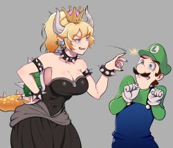 Rule 34 | 1boy, 1girl, armlet, artistntraining, bare shoulders, black dress, black nails, blonde hair, blouse, blue eyes, blue overalls, bowsette, bracelet, breasts, collar, cowboy shot, crown, dress, facial hair, gloves, green hat, green shirt, grey background, hand on own hip, hands up, hat, horns, jewelry, large breasts, luigi, mario (series), mustache, nail polish, new super mario bros. u deluxe, nintendo, overalls, pointy ears, scared, sharp teeth, shell, shirt, spiked armlet, spiked bracelet, spiked collar, spikes, standing, super crown, tail, tears, teeth, white gloves