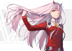 Rule 34 | 10s, 1girl, closed mouth, commentary, commentary request, copyright name, darling in the franxx, eyeshadow, floating hair, green eyes, hairband, hand in own hair, hand up, hong (white spider), horns, jacket, long hair, long sleeves, looking at viewer, makeup, necktie, one eye closed, pink hair, red jacket, smile, solo, standing, upper body, zero two (darling in the franxx)