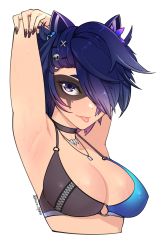 Rule 34 | 1girl, absurdres, armpits, arms up, artist name, bare shoulders, black nails, blue eyes, blue hair, breasts, cleavage, commentary, cropped torso, english commentary, eye mask, grey background, hair ornament, hair over one eye, highres, jewelry, kuso otoko, large breasts, nail polish, necklace, original, raccoon girl, short hair, simple background, skull hair ornament, snuffy (vtuber), solo, tongue, tongue out, virtual youtuber, x hair ornament