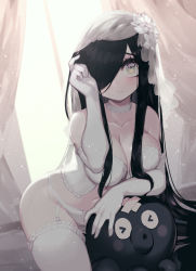 Rule 34 | adjusting hair, aria wintermint, black hair, breasts, bridal gauntlets, bridal veil, choker, cleavage, corset, frilled choker, frills, garter straps, green eyes, hair over one eye, highres, large breasts, lingerie, long hair, looking at viewer, negative frames, octopus, panties, parororo, solo, the crawling city, thighhighs, underwear, veil, white panties, white thighhighs
