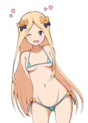 Rule 34 | 1girl, ;d, abigail williams (fate), absurdres, arms behind back, bare arms, bare shoulders, bikini, black bow, blonde hair, blue bikini, blue eyes, blush, bow, breasts, collarbone, commentary request, fate/grand order, fate (series), gluteal fold, groin, hair bow, heart, highres, leaning to the side, long hair, looking at viewer, micro bikini, mitiru ccc2, navel, one eye closed, open mouth, orange bow, parted bangs, side-tie bikini bottom, small breasts, smile, solo, swimsuit, very long hair