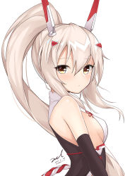 Rule 34 | 1girl, ayanami (azur lane), ayanami (lunar demon) (azur lane), ayanami (lunar demon) (azur lane), azur lane, bare shoulders, black dress, black gloves, blush, breasts, brown eyes, china dress, chinese clothes, closed mouth, dated, dress, elbow gloves, from side, gloves, hair ornament, kouhaku nawa, long hair, looking at viewer, looking to the side, ponytail, rope, shimenawa, side slit, sideboob, sidelocks, signature, silver hair, simple background, sleeveless, sleeveless dress, small breasts, solo, twitter username, unel, upper body, very long hair, white background