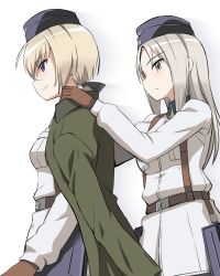 Rule 34 | 2girls, adelheid, belt, blonde hair, blue eyes, brown eyes, coat, garrison cap, gloves, grin, hanna rudel, hat, highres, kaneko (novram58), load bearing equipment, low ponytail, military, military uniform, multiple girls, pouch, scar, silver hair, simple background, smile, strike witches, strike witches: suomus misfits squadron, uniform, white background, world witches series