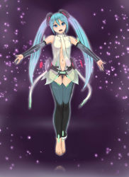 Rule 34 | 1girl, absurdres, anklet, bad id, bad pixiv id, barefoot, black thighhighs, blue eyes, blue hair, breasts, bridal gauntlets, center opening, feet, feet together, floating, full body, hatsune miku, hatsune miku (append), head tilt, highres, jewelry, legs together, leotard, light particles, matching hair/eyes, navel, no bra, open mouth, outstretched arms, purple background, reflection, see-through, small breasts, solo, spread arms, tattoo, thigh gap, thighhighs, toes, twintails, vocaloid, vocaloid append, yewang19