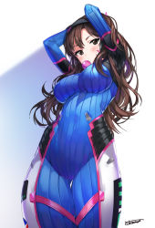 Rule 34 | 1girl, absurdres, arms behind head, arms up, artist name, bad id, bad pixiv id, blush, bodysuit, breasts, brown eyes, brown hair, blowing bubbles, chewing gum, covered navel, d.va (overwatch), dr poapo, facial mark, from below, headgear, highres, large breasts, legs together, long hair, looking at viewer, looking down, overwatch, overwatch 1, signature, simple background, skin tight, solo, standing, thigh gap, whisker markings, white background