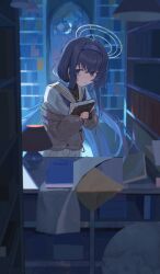 Rule 34 | 1girl, absurdres, black undershirt, blue archive, blue eyes, blue hair, blue hairband, blue neckerchief, book, bookshelf, closed mouth, commentary request, desk lamp, grey sweater, hairband, halo, highres, hugging object, iinagi (kashiwa keira), indoors, jewelry, lamp, library, long hair, long sleeves, neckerchief, necklace, off shoulder, sailor collar, school uniform, serafuku, shirt, skirt, solo, standing, sweater, ui (blue archive), upper body, very long hair, white sailor collar, white serafuku, white shirt, white skirt, yellow halo