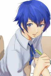 Rule 34 | 1girl, androgynous, arc system works, atlus, bad id, bad pixiv id, blue eyes, blue hair, blush, bow, bowtie, chair, female focus, hirori (hrr pj), lips, looking at viewer, matching hair/eyes, necktie, parted lips, pen, persona, persona 4, reverse trap, shirogane naoto, shirt, short hair, simple background, sitting, solo, sweatdrop, wavy hair, white background, white shirt, writing