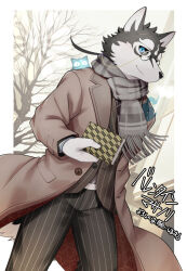 Rule 34 | 1boy, animal ears, black sclera, blue eyes, brown coat, coat, colored sclera, commentary request, dog boy, dog ears, dog tail, formal, furry, furry male, ghost, grey scarf, highres, holding, holding notebook, kinoshita jiroh, looking at viewer, male focus, masanori (housamo), notebook, pants, pinstripe pants, pinstripe pattern, pinstripe suit, ponytail, round eyewear, scar, scar on face, scar on forehead, scarf, suit, tail, tokyo houkago summoners, translation request