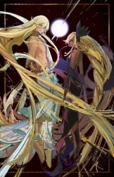 Rule 34 | 1boy, 1girl, absurdly long hair, armlet, bare shoulders, bishounen, black dress, black ribbon, blonde hair, blue eyes, braid, breasts, brown background, commentary, dark-skinned female, dark skin, dress, english commentary, floating hair, from behind, from side, granblue fantasy, hair between eyes, helel ben sahar (granblue fantasy), helel ben shalem, highres, jewelry, light particles, light rays, long braid, long hair, lucio (granblue fantasy), neck ring, no nipples, pacifier, reaching, reaching towards viewer, red eyes, ribbon, side braid, sketch, small breasts, sun, sunbeam, sunlight, topless male, very long hair, wahoosandalphon