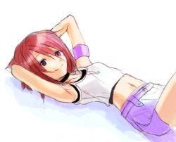 Rule 34 | 1girl, armpits, blouse, choker, flat chest, hair between eyes, jewelry, kairi (kingdom hearts), kairi (shery rakuura), kingdom hearts, kingdom hearts i, lowres, lying, midriff, miniskirt, navel, necklace, red hair, shirt, simple background, sketch, skirt, smile, solo, white background, white shirt