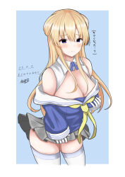 Rule 34 | 1girl, abataa, absurdres, blonde hair, blue background, blue shirt, breasts, cleavage, commentary request, double bun, fletcher (kancolle), hair bun, highres, kantai collection, large breasts, long hair, off shoulder, one-hour drawing challenge, pleated skirt, purple eyes, sailor collar, school uniform, serafuku, shirt, skirt, solo, thighhighs, translation request, white sailor collar, white skirt, white thighhighs