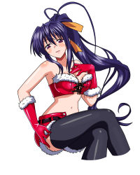 Rule 34 | 1girl, absurdres, antenna hair, bare shoulders, belt, black hair, black thighhighs, breasts, bustier, christmas, commentary, cowboy shot, elpida-wood, english commentary, female focus, fur-trimmed gloves, fur-trimmed shorts, fur trim, gloves, hair ribbon, high school dxd, highres, himejima akeno, large breasts, long hair, looking at viewer, midriff, navel, ponytail, purple eyes, red gloves, red shorts, ribbon, short shorts, shorts, simple background, sitting, smile, solo, thighhighs, unzipped, very long hair, white background, yellow ribbon