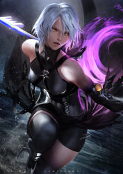 Rule 34 | 1girl, aqua (kingdom hearts), artist name, aura, corset, dark aura, dark background, dark persona, detached sleeves, keyblade, kingdom hearts, kingdom hearts iii, light, looking to the side, open mouth, running, sash, short hair, shorts, signature, silver hair, solo, spoilers, strap, thighhighs, toned, torn clothes, torn sleeves, water, yellow eyes, zumi (zumidraws)