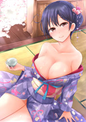 Rule 34 | 10s, 1girl, alcohol, alternate hairstyle, bad id, bad pixiv id, black hair, blush, breasts, cleavage, collarbone, drunk, female focus, flower, hair flower, hair ornament, japanese clothes, kantai collection, kimono, large breasts, long hair, looking at viewer, naigou, neneru, obi, off shoulder, red eyes, sake, sash, sitting, smile, solo, ushio (kancolle)