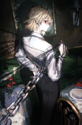 Rule 34 | 1boy, absurdres, bench, black pants, blonde hair, chain, chair, collared shirt, commentary, dark, feet out of frame, flower, from behind, gawako, hair between eyes, hand on own hip, highres, holding, holding chain, hunter x hunter, indoors, kurapika, long sleeves, looking at viewer, looking back, male focus, painting (object), pants, parted lips, plate, red eyes, restaurant, rose, shadow, shirt, short hair, sidelocks, solo, staring, tablecloth, vase, wall lamp, white shirt