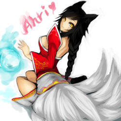 Rule 34 | 1girl, ahri (league of legends), animal ears, braid, character name, facial mark, fox ears, fox tail, heart, highres, kumiko shiba, league of legends, looking at viewer, solo, tail, whisker markings, yellow eyes