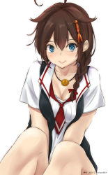 Rule 34 | 1girl, ahoge, alternate costume, anchor symbol, black vest, blue eyes, braid, breasts, brown hair, casual, character name, cleavage, dated, hair between eyes, hair flaps, hair ornament, hair over shoulder, highres, jewelry, kantai collection, looking at viewer, medium breasts, necklace, necktie, red necktie, shigure (kancolle), shigure kai ni (kancolle), shirt, simple background, smile, solo, thighs, timato, twitter username, vest, white background, white shirt