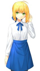 Rule 34 | 1girl, ahoge, artist request, artoria pendragon (all), artoria pendragon (fate), bad id, bad twitter id, blonde hair, blouse, blue ribbon, blush, fate/stay night, fate (series), green eyes, hair between eyes, hair ribbon, highres, long sleeves, looking at viewer, neck ribbon, pantyhose, ribbon, saber (fate), shirt, skirt, smile, solo